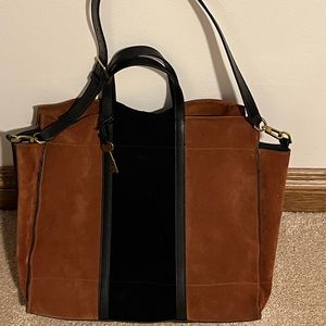 Fossil Tote Large Colorblock Suede Leather Carmen Shopper Handbag (Brown Black)
